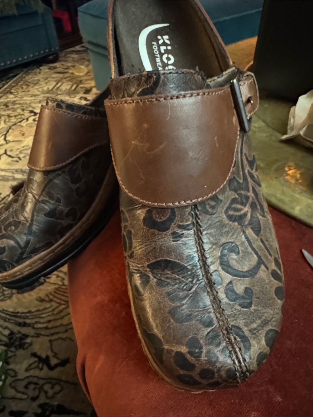 Klogs Brown Floral-Embossed Leather Women's Clog